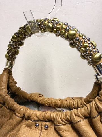 KAREN MILLEN TAN LEATHER STUDDED STRAP SHOULDER BAG