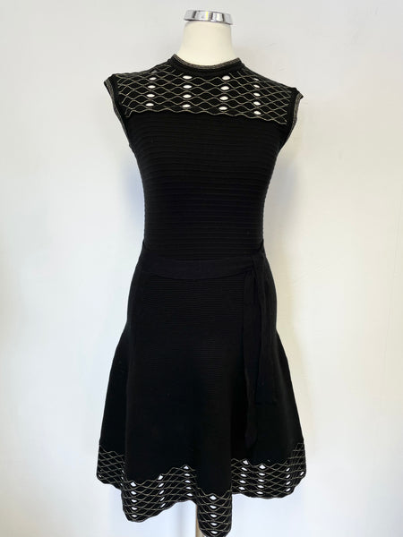 BRAND NEW TED BAKER BLACK & METALLIC CUT OUT DETAIL STRETCH FIT & FLARE DRESS SIZE 1 UK 8/10