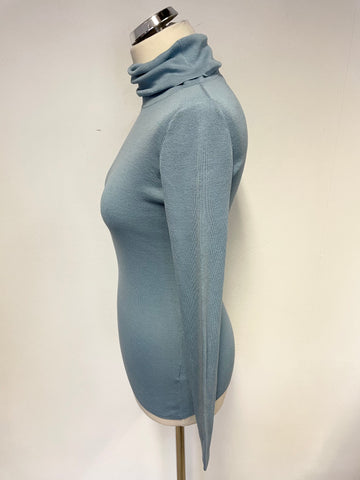 JIGSAW LIGHT BLUE SILK & COTTON FINE KNIT POLO NECK JUMPER SIZE S