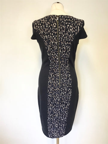 MARKS & SPENCER AUTOGRAPH NAVY BLUE PANEL PRINT CAP SLEEVE PENCIL DRESS SIZE 10