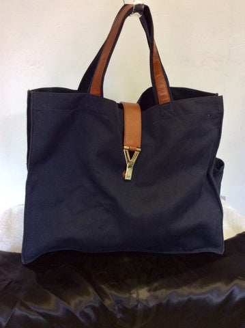 YVES SAINT LAURENT LARGE NAVY BLUE CANVAS & TAN LEATHER HAND/SHOULDER BAG