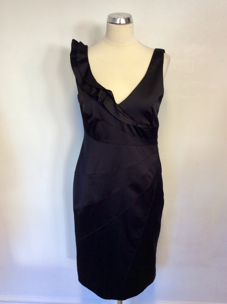 COAST BLACK MATT SATIN FRILL TRIM PENCIL DRESS SIZE 12