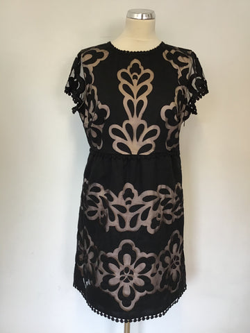 MINT VELVET BLACK & NUDE LINED MESH TRIM SHIFT DRESS SIZE 14