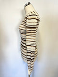 JIGSAW CREAM & BROWN STRIPE FITTED V NECK LONG SLEEVE JUMPER SIZE 1 UK 8/10