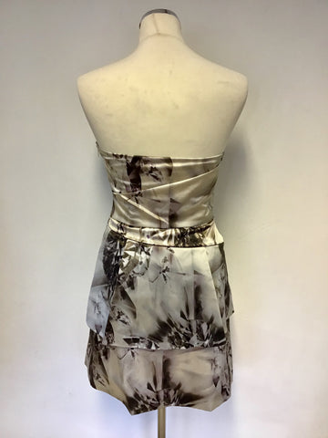 KAREN MILLEN BEIGE & BROWN JEWEL PRINT SILK STRAPLESS DRESS SIZE 10