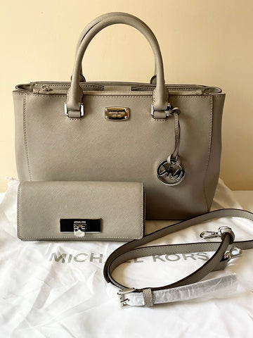 BRAND NEW MICHAEL KORS GREY LEATHER TOTE BAG WITH ADDITIONAL STRAP & MATCHING PURSE