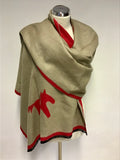 HERMES RED & FAWN REVERSIBLE HORSE DESIGN TRIM WOOL & CASHMERE WRAP/ SCARF