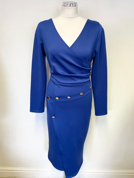 UNBRANDED ROYAL BLUE LONG SLEEVED STRETCH PENCIL DRESS SIZE M