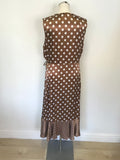 PHASE EIGHT BROWN & WHITE SPOT SATIN FRILL TRIM SLEEVELESS WRAP DRESS SIZE 16