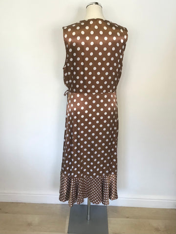 PHASE EIGHT BROWN & WHITE SPOT SATIN FRILL TRIM SLEEVELESS WRAP DRESS SIZE 16
