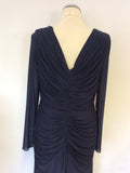 GINA BACCONI DARK BLUE DIAMANTÉ JEWEL TRIM LONG SLEEVE EVENING DRESS SIZE 16
