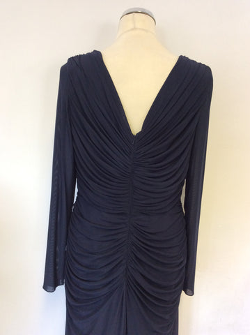 GINA BACCONI DARK BLUE DIAMANTÉ JEWEL TRIM LONG SLEEVE EVENING DRESS SIZE 16
