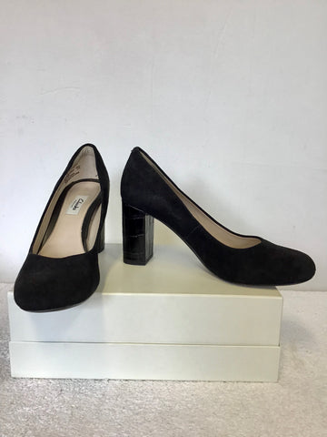 CLARKS BLACK SUEDE & CROC PRINT BLOCK HEELS SIZE 6/39.5