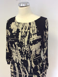 MARKS & SPENCER BLACK & BEIGE PRINT RUCHED PENCIL DRESS SIZE 14