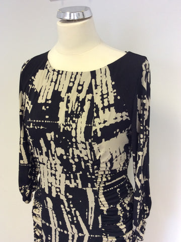 MARKS & SPENCER BLACK & BEIGE PRINT RUCHED PENCIL DRESS SIZE 14