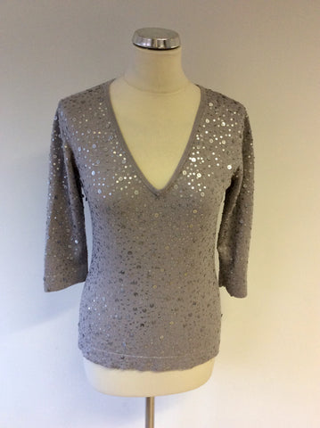 HOBBS SILVER GREY SEQUINNED V NECK 3/4 SLEEVE JUMPER SIZE 12