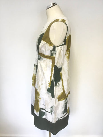 SIMPLY VERA BY VERA WANG WHITE,BEIGE & GREEN PRINT COTTON SLEEVELESS DRESS SIZE 12 UK 16