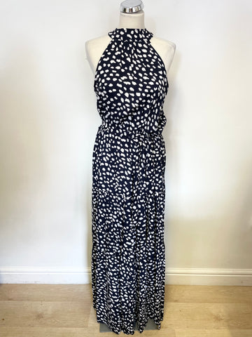 SHEIN NAVY & WHITE PRINT SLEEVELESS ELASTICATED TIE BELT WAIST MAXI DRESS SIZE L