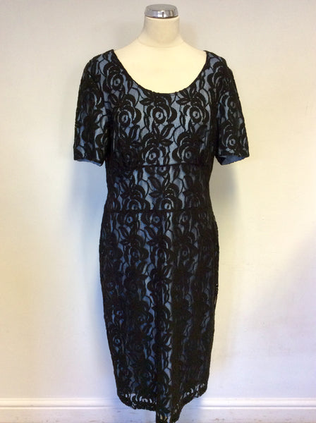 GINA BACCONI BLACK LACE & BLUE LINED SHORT SLEEVE PENCIL DRESS SIZE 16