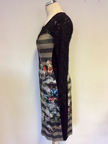 ARIANA BLACK & MULTI COLOURED FLORAL & LACE SLEEVE PENCIL DRESS SIZE 40 UK 12
