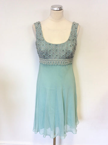 MONSOON LIGHT GREEN SILK BEADED & EMBROIDERED SPECIAL OCCASION DRESS SIZE 12