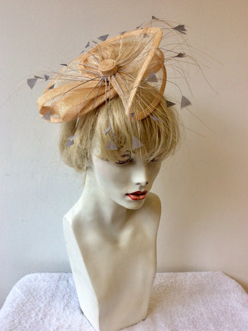 HARE AND THE HAT BESPOKE MILLINARY PALE PEACH & GREY FEATHER TRIM FASCINATOR