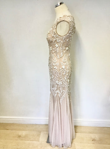 DEBUT NUDE WITH PEARL BEAD EMBELLISHED NET OVERLAY LONG OCCASION / EVENING DRESS SIZE 8