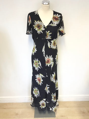 TAYLOR NAVY BLUE FLORAL PRINT SHORT SLEEVE LONG DRESS SIZE 8 UK 12