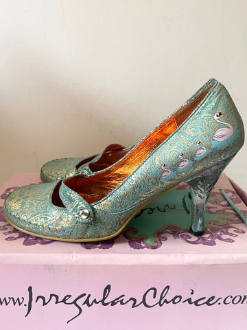 IRREGULAR CHOICE TURQUOISE & GOLD PAISLEY PRINT PERSPEX HEELS SIDE 7/40