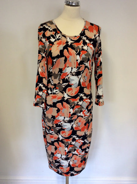 REISS BLACK & ORANGE FLORAL PRINT STRETCH JERSEY DRESS SIZE M