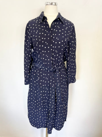 IRIS & INK NAVY BLUE & WHITE PRINT 100% SILK 3/4 SLEEVE BELTED SHIRT DRESS SIZE 8