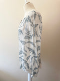 JIGSAW IVORY WITH BLUE & GREY LEAF PRINT SILK LONG SLEEVE TOP SIZE 12
