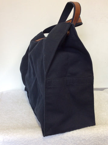 YVES SAINT LAURENT LARGE NAVY BLUE CANVAS & TAN LEATHER HAND/SHOULDER BAG