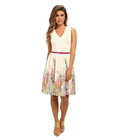 TED BAKER TARREN CREAM & MULTI COLOURED FLORAL PRINT FIT & FLARE DRESS SIZE 2 UK 10/12