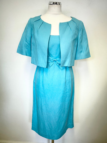 LK BENNETT TURQUOISE SILK & LINEN BLEND SLEEVELESS PENCIL DRESS & JACKET SUIT SIZE 8