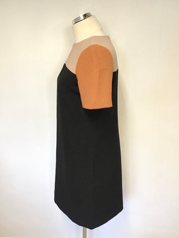 HOBBS CAMEL,BURNT ORANGE & BLACK SHORT SLEEVE SHIFT DRESS SIZE 10
