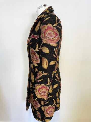 BRAND NEW MARKS & SPENCER BLACK WITH GOLD & RED FLORAL PRINT JACQUARD EMBROIDERED COAT SIZE 8