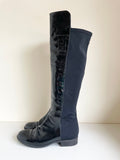 DUNE TRISH BLACK PATENT LEATHER & STRETCH 50/50 KNEE LENGTH BOOTS SIZE 7/40 WITH DEFECT