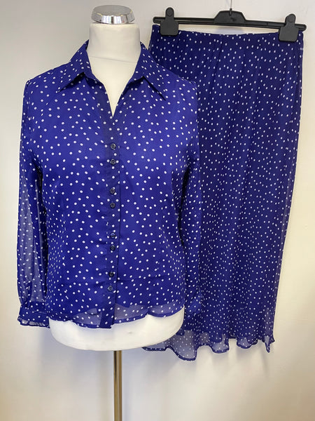 PENNY PLAIN BLUE & WHITE SPOT LONG SKIRT & MATCHING LONG SLEEVE BLOUSE SIZE 14