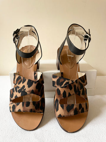 MARC FISHER BLACK & BROWN LEOPARD PRINT BLOCK HEEL ANKLE STRAP SANDALS SIZE 7/40