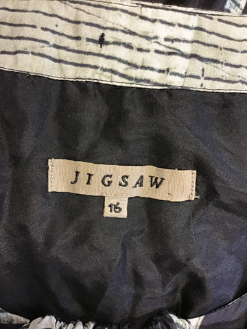 JIGSAW BLACK,GREEN & GREY PRINT SILK SHORT SLEEVE DRESS SIZE 16