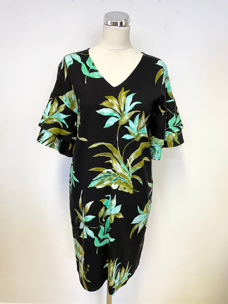 LAUREN RALPH LAUREN BLACK & GREEN FLORAL PRINT FRILLED SHORT SLEEVE SHIFT DRESS SIZE S