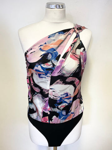 BRAND NEW MARCIANO FOR GUESS MULTI COLOURED ONE SHOULDER PRINT SATIN BODYSUIT SIZE 42 UK 14