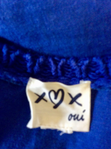 OUI BLUE KNIT FRONT WITH LINEN BACK JUMPER/TOP SIZE 14