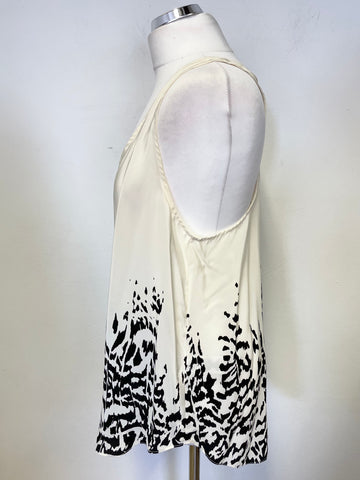 REISS 1971 CREAM & BLACK PRINT SILK RACER BACK SLEEVELESS TOP SIZE 14