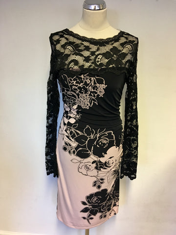 PHASE EIGHT PINK & BLACK FLORAL STRETCH LACE TOP DRESS SIZE 12