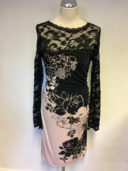 PHASE EIGHT PINK & BLACK FLORAL STRETCH LACE TOP DRESS SIZE 12