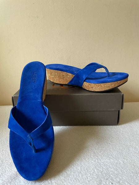 BRAND NEW IN BOX UGG BROOK ROYAL BLUE SUEDE WEDGE HEEL TOE POST MULES SIZE 7.5/40