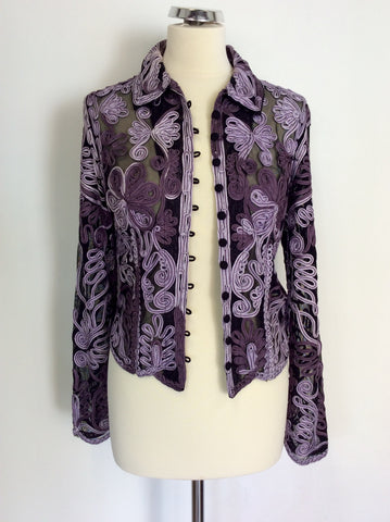 PHASE EIGHT BLACK MESH WITH LILAC & MAUVE APPLIQUÉ BLOUSE SIZE 12