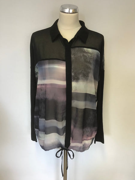 MINT VELVET BLACK & MULTI COLOUR PRINT DRAW STRING TIE WAIST BLOUSE SIZE 12